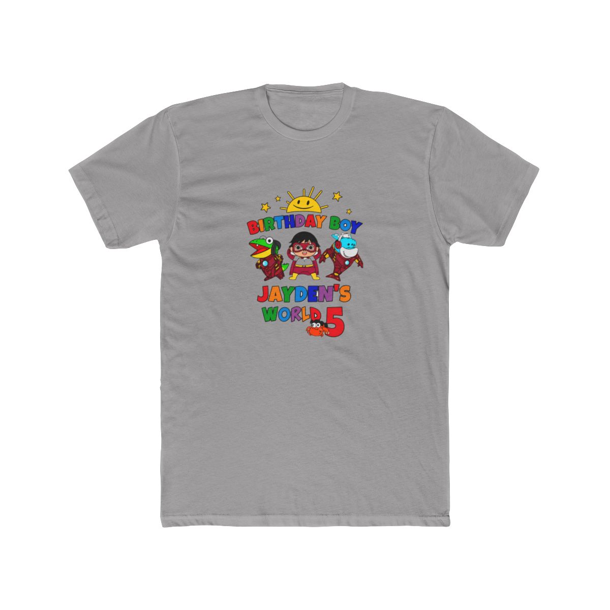 White T Shirt with a vibrant graphic design. The design includes the text "BIRTHDAY BOY" and "JAYDEN'S WORLD 5", along with cartoon characters and a smiling sun. The T Shirt is worn by a person - Official t-shirts merchandise
